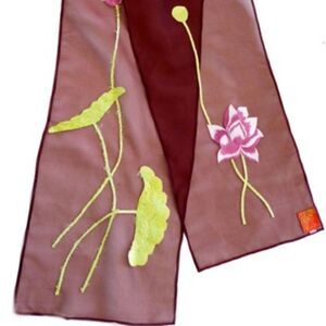 BURGANDY SILK CHIFFON HAND EMBROIDERED 77" L SCARF